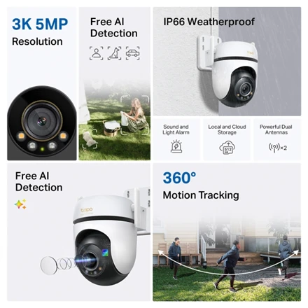 TP-LINK | Lauko apsaugos Wi-Fi kamera su pasukimu/pakreipimu | Tapo C530WS | Kupolinė | 5 MP | 3.2 mm / F1.6 | IP66 | H.264 | Micro SD, maks. 512 GB
