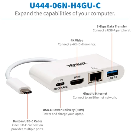 Tripp Lite USB-C dokas U444-06N-H4GU-C Single Ekranas/1xHDMI/iki sngle 4K/1xUSB 3.2/palaikymas PD 60W/Baltas/Maitinimo šaltinis neįtrauktas