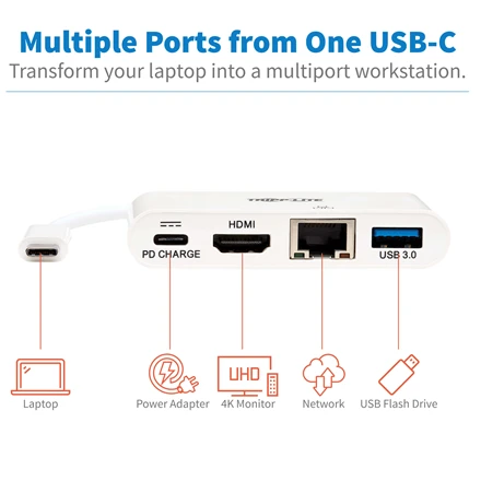 Tripp Lite USB-C dokas U444-06N-H4GU-C Single Ekranas/1xHDMI/iki sngle 4K/1xUSB 3.2/palaikymas PD 60W/Baltas/Maitinimo šaltinis neįtrauktas