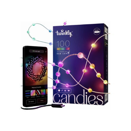 Lubinis šviestuvas „Twinkly Candies“ 100 perlų formos RGB šviesos diodų, skaidrus laidas, USB-C