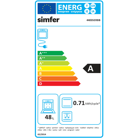 Simfer | Viryklė | 4403SERBB | Kaitlentės tipas Dujinis | Orkaitės tipas Elektrinis | Baltas | Plotis 50 cm | Elektroninis uždegimas | Gylis 55 cm | 48 L