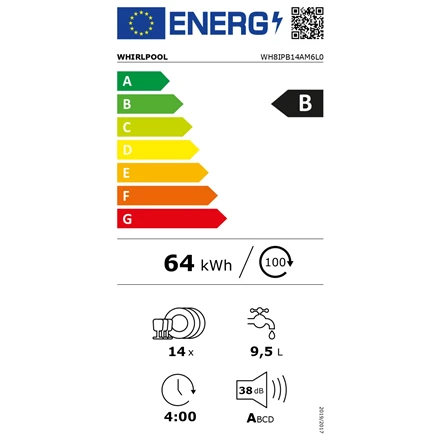 Whirlpool Sūkurys Indaplovė | WH8IPB14AM6L0 | Įmontuotas | Plotis 59,8 cm | Patalpų skaičius 14 | Programų skaičius 10 | B energijos vartojimo efektyvumo klasė