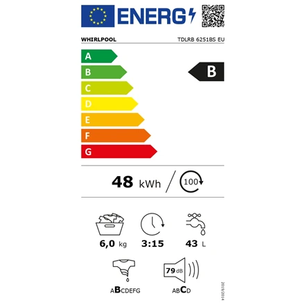 Whirlpool Skalbimo mašina | TDLRB 6251BS EU | Energy efficiency class B | Top loading | Skalbimo talpa 6kg | 1200 RPM | Gylis 60 cm | Plotis 40 cm | LED | Baltas