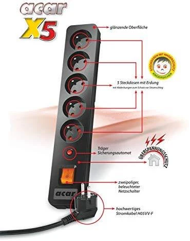 Ilgintuvas su saugumo Acar X5 juodos spalvos - 5 lizdai - 1.5 m