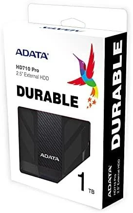 ADATA HD710P | 1000 GB | 2,5 " | USB 3.1 (atgalinis suderinamas su USB 2.0) | Juodas | 1.HD710 Pro atsparumo dulkėms ir vandeniui įvertinimai taikomi tik tada, kai USB prievado dangtelis yra tvirtai uždarytas. 2. Suderinamumas su konkrečiais pagrindiniais įrenginiais gali skirtis ir gali būti paveiktas sistemos 3. Norint prisijungti per USB 2.0, reikia prijungti du USB jungtys, kad būtų pakankamai maitinimo.