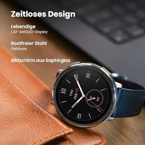 Išmanusis laikrodis - Amazfit Active 2, Sidabrinės spalvos korpusas su juodos spalvos odiniu diželiu