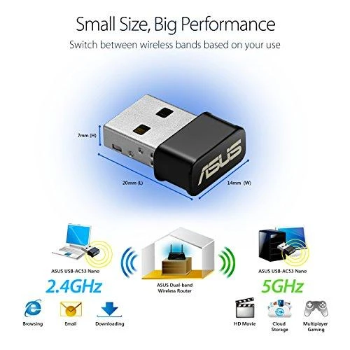 Asus | USB-AC53 NANO AC1200 dviejų dažnių USB MU-MIMO „Wi-Fi“ adapteris | 2,4 GHz / 5 GHz | 36 min.