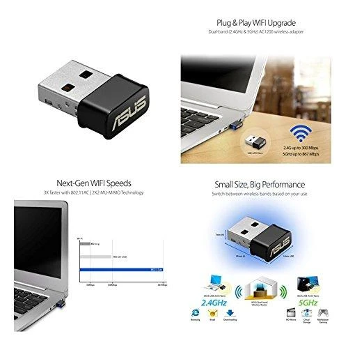Asus | USB-AC53 NANO AC1200 dviejų dažnių USB MU-MIMO „Wi-Fi“ adapteris | 2,4 GHz / 5 GHz | 36 min.