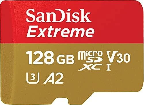 „SANDISK Extreme Micro SDXC 128GB“ veiksmo kameroms ir dronams + SD adapteris + 1 metų „RescuePRO Deluxe“ garantija iki 190 MB/s ir 90 MB/s skaitymo / rašymo greičių, A2, C10, V30, UHS-I, U3.