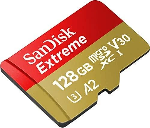 „SANDISK Extreme Micro SDXC 128GB“ veiksmo kameroms ir dronams + SD adapteris + 1 metų „RescuePRO Deluxe“ garantija iki 190 MB/s ir 90 MB/s skaitymo / rašymo greičių, A2, C10, V30, UHS-I, U3.