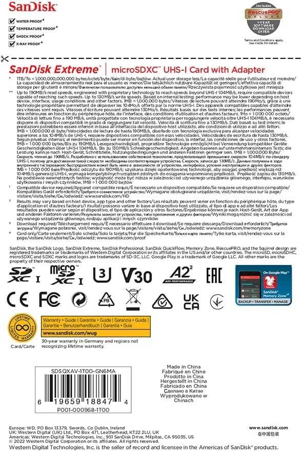 SANDISK EXTREME Micro SDXC atminties kortelė 1 TB 190/130 MB/s UHS-I U3 (SDSQXAV-1T00-GN6MA)