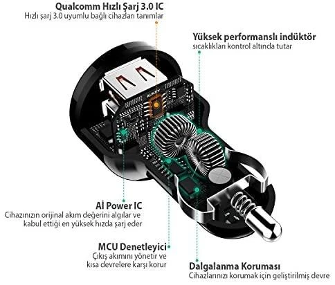 Aukey automobilinis įkroviklis 1.2 prievado (USB A tipo) su greito įkrovimo funkcija 3.0 CC-T8 Juodas