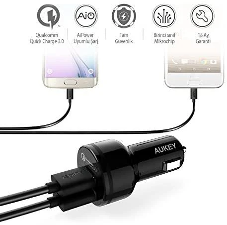 Aukey automobilinis įkroviklis 1.2 prievado (USB A tipo) su greito įkrovimo funkcija 3.0 CC-T8 Juodas
