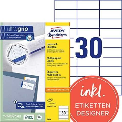 Lipnios etiketės Avery Zweckform, A4, 70×29,7mm, 30 etikečių lape, be rėmelio, 100 lapų, baltos spalvos