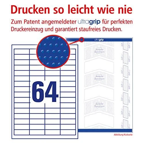 Lipnios etiketės Avery Zweckform, A4, 48,5×16,9mm, 64 etiketės lape, 100 lapų, baltos spalvos