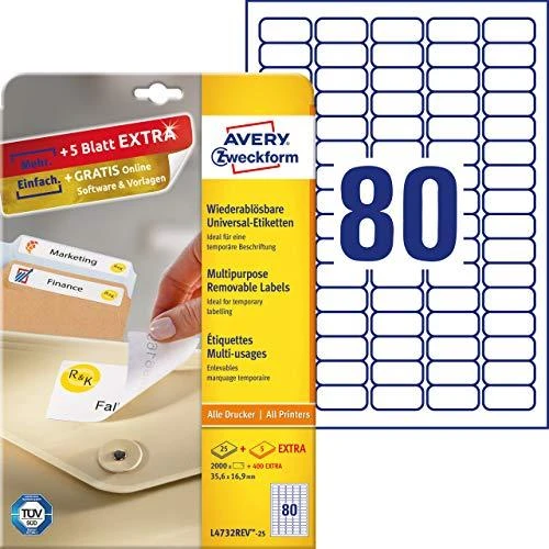 Lipnios etiketės Avery Zweckform, A4, nuimamos, 35.6×16.9mm, 25 lapai, baltos spalvos