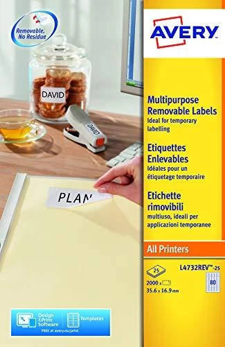 Lipnios etiketės Avery Zweckform, A4, nuimamos, 35.6×16.9mm, 25 lapai, baltos spalvos