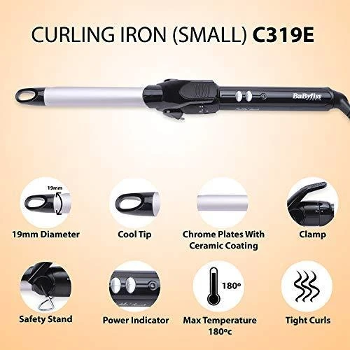BABYLISS Plaukai Suktukas C319E Statinės skersmuo 19 mm, Temperatūra (min) 150 °C, Temperatūra (maks.) 180 °C, Šildymo lygių skaičius 10, Ekranas Nr, Juodas