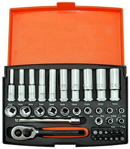 Bahco Ilgų ir trumpų galvučių komplektas 4-13mm + bits PH,PZ,HEX,TORX 37 vnt 1/4"
