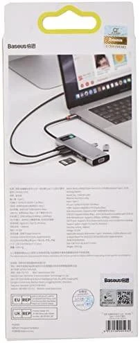 Šakotuvas 9in1 Baseus Metal Gleam Series, USB-C į 3x USB 3.0 + HDMI + USB-C PD + Ethernet RJ45 + Micro SD/SD + VGA