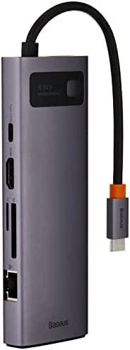 Šakotuvas 9in1 Baseus Metal Gleam Series, USB-C į 3x USB 3.0 + HDMI + USB-C PD + Ethernet RJ45 + Micro SD/SD + VGA