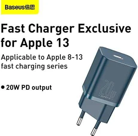Baseus Super Si 1C 20W greitas sieninis įkroviklis su 1m USB-C - Lightning kabeliu - Mėlynas