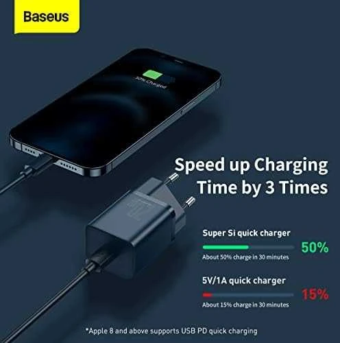 Baseus Super Si 1C 20W greitas sieninis įkroviklis su 1m USB-C - Lightning kabeliu - Mėlynas