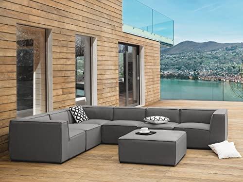 Lauko baldų komplektas Beliani Sodo kampinė sofa su otomane 7 asmenims AREZZO Modulinė Dešininė Pilka