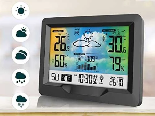 Berdsen Belaidė orų stotis, su spalvotu ekranu, tiksliomis prognozėmis, vidaus lauko temperatūros drėgmės matavimu, 100m diapazonu, DCF77 sinchronizavimu, orų stebėjimo stotis