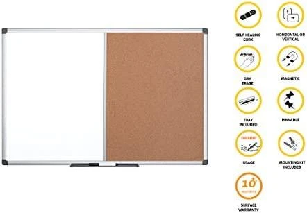 Baltoji magnetinė ir kamštinė lenta BI-OFFICE MAYA Combo 90x60, aliuminio rėmas