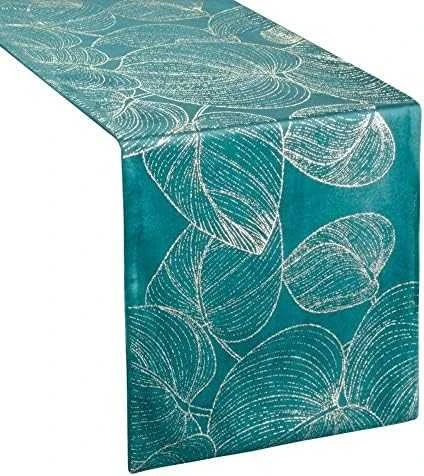 Eurofirany BLINK / 16 Aksominis stalo takelis su didelių lapų raštu, 35X220 cm, spalva: tamsi turkio