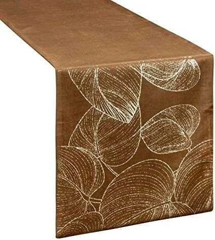 Eurofirany BLINK / 16 Aksominis stalo takelis su didelių lapų raštu, 35X140 cm, spalva: ruda
