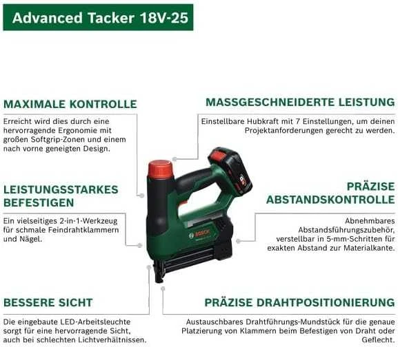 Akumuliatorinis kabių pistoletas Bosch AdvancedTacker 18V-25; 18 V (be akumuliatoriaus ir pakrovėjo)