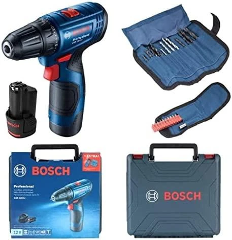 Bosch GSR 120-LI gręžtuvas su priedų rinkiniu ir dėklu