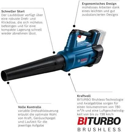 Akumuliatorinis lapų pūstuvas Bosch GBL 18V-750, be akumuliatoriaus ir kroviklio
