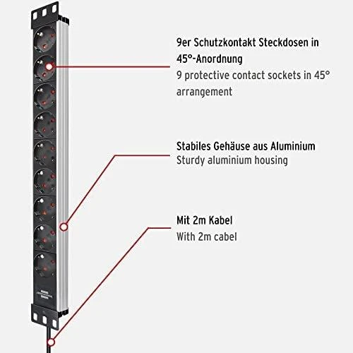 Brennenstuhl Alu-Line, 9xCEE 7/4 socket, 1xCEE 7/7 connection, 19 "1U, 2m cable, juodas / sidabrinis 1390007009 / GT-651
