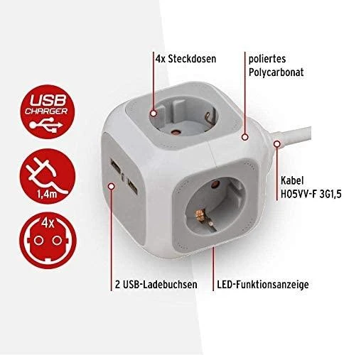 Brennenstuhl Brennen ALEA-Power Ilgiklis, 4 CEE lizdai, 2 USB-įkrovimo lizdai 1,4m / GT-673