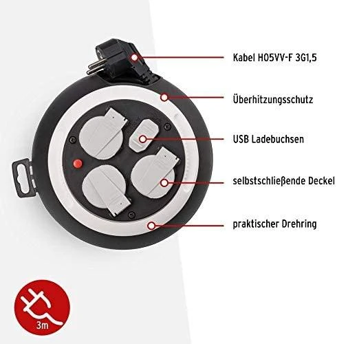 Ilgintuvas su rite BRENNENSTUHL COMFORT, 3 vietų, 2 USB, 3 m