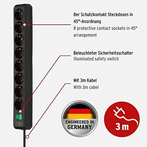 Brennenstuhl Eco-Line prailgintuvas, 8 xCEE 7/4, 1xCEE 7/7, mygtukas, 3m, apsauga nuo vaikų , juodas 1159300018 / GT-509