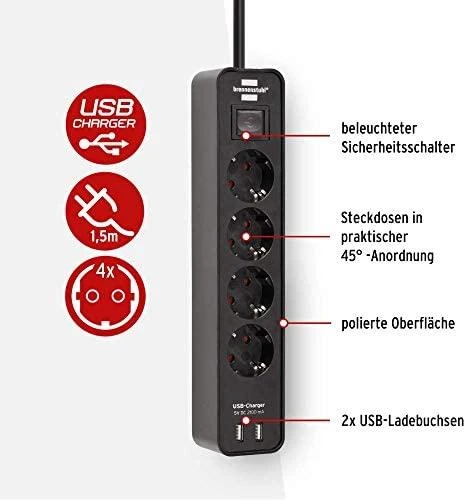 Buitinis ilgintuvas BRENNENSTUHL ECOLOR, 4 vt, 2USB, 1,4 m