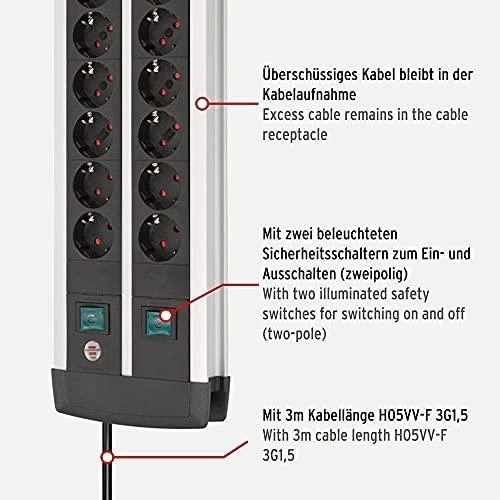 Brennenstuhl Premium ALU-Line 16 kartų juodos spalvos, su 2 jungikliais, 3 m