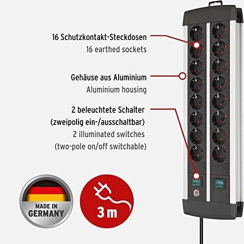 Brennenstuhl Premium ALU-Line 16 kartų juodos spalvos, su 2 jungikliais, 3 m