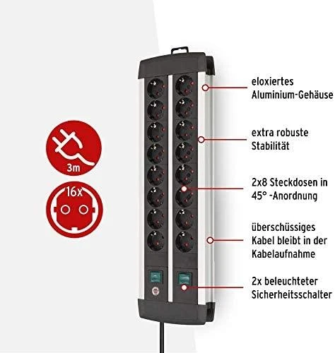Brennenstuhl Premium ALU-Line 16 kartų juodos spalvos, su 2 jungikliais, 3 m