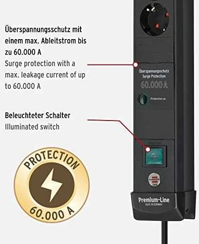 „Brennenstuhl Premium-Line“ maitinimo lizdas su apsauga nuo viršįtampių, 4 lizdai, 1,8 m, Juodas
