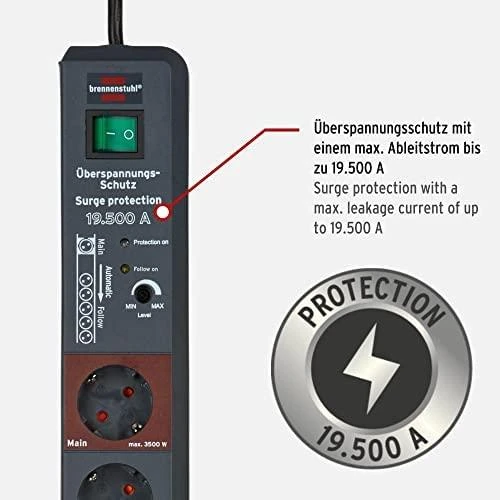 Brennenstuhl Secure-Tec, Ilgintuvas 6xCEE 7/4 lizdai, 1xCEE 7/7 jungtis, su jungtuku, viršįtampių apsauga, 3m kabelis, apsauga nuo augintinių, juodas 1159490966 / GT-438
