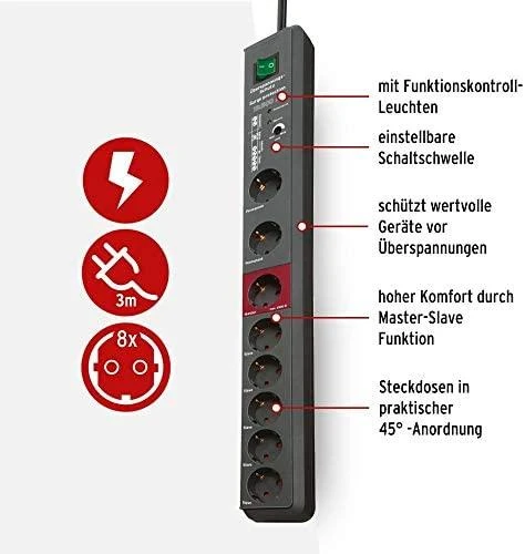 Brennenstuhl Secure-Tec 19.500A, 8xCEE 7/4, 1xCEE 7/7, 3m, juodas 1159490936 / GT-636