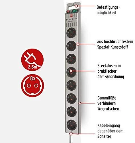 Brennenstuhl Super-Solid maitinimo juostelė 8 lizdai 2,5 m sidabrinė (1153340118)