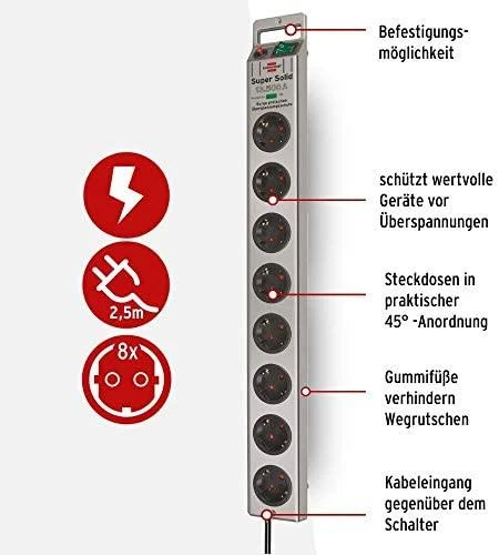 Brennenstuhl Super-Solid Line prailgintuvas - Viršįtampių apsauga - 8 - Sidabrinis 1153340318 / GT-656