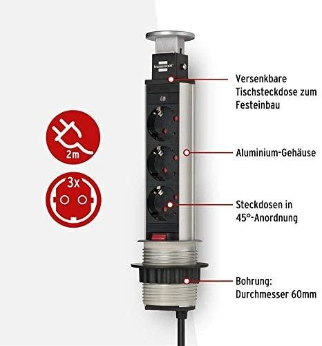 Brennenstuhl Stalinis leidžiamas prailgintuvas 3x CEE 7/4, Sidablinis / Juodas1396200003 / GT-358