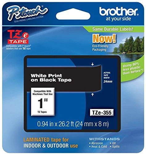 Brother | TZe-355 Laminated Tape | Baltas on Juodas | TZe | 8 m | 2.4 cm